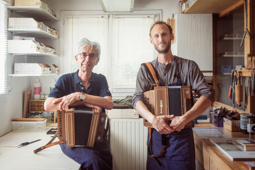 Bertrand & Joseph. In the workshop room dedicated to finishing - Bertrand Gaillard Accordions